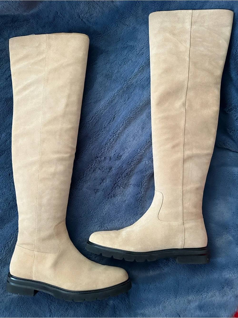 Stuart Weitzman Tall Beige Suede Over-the-Knee Boots with Black Lug Sole
